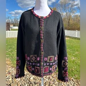 Icelandic Design black wool cardigan geometric multicolor trim cottagecore L